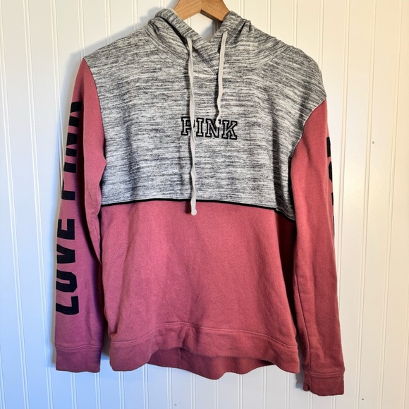 PINK Victoria's Secret Tops - PINK Victoria’s Secret Womens Pink & Gray Hooded Pullover Sweatshirt Size Medium